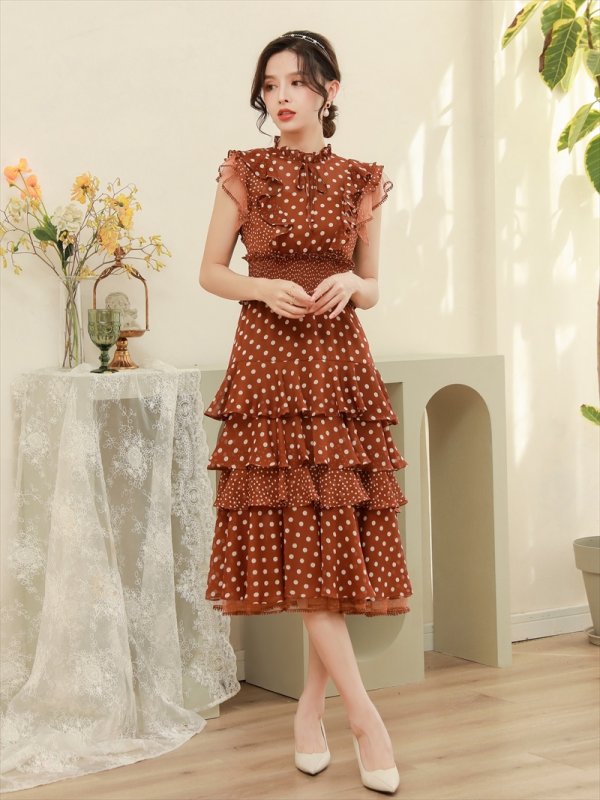 画像6: [送料無料][SETTAN]ブラウン・レッド・ホワイト・ブラック・ネイビー・ドット・ティアードフリル・ウエストゴム・Aライン・ミディアムドレス・ワンピース[即日発送][大きいサイズあり] (6)