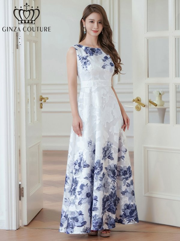 画像20: [送料無料][GINZA COUTURE]ホワイト×レッド・ホワイト×ブルー・ホワイト×ブラック・ホワイト×ブラウン・ホワイト×グリーン・ホワイト×パープル・フラワープリント・Aライン・ロングドレス[即日発送][大きいサイズあり] (20)