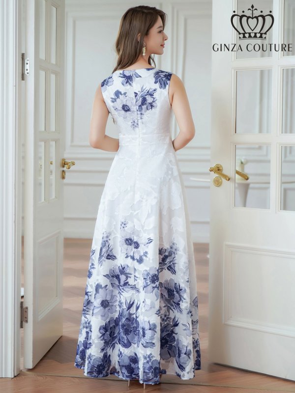 画像3: [送料無料][GINZA COUTURE]ホワイト×パープル・ホワイト×グリーン・ホワイト×ブラック・ホワイト×レッド・ホワイト×ブルー・ホワイト×ブラウン・フラワープリント・Aライン・ロングドレス[即日発送][大きいサイズあり] (3)