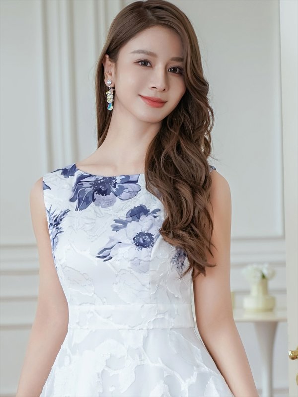 画像4: [送料無料][GINZA COUTURE]ホワイト×パープル・ホワイト×グリーン・ホワイト×ブラック・ホワイト×レッド・ホワイト×ブルー・ホワイト×ブラウン・フラワープリント・Aライン・ロングドレス[即日発送][大きいサイズあり] (4)