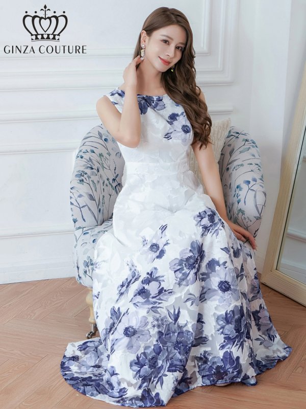 画像6: [送料無料][GINZA COUTURE]ホワイト×パープル・ホワイト×グリーン・ホワイト×ブラック・ホワイト×レッド・ホワイト×ブルー・ホワイト×ブラウン・フラワープリント・Aライン・ロングドレス[即日発送][大きいサイズあり] (6)