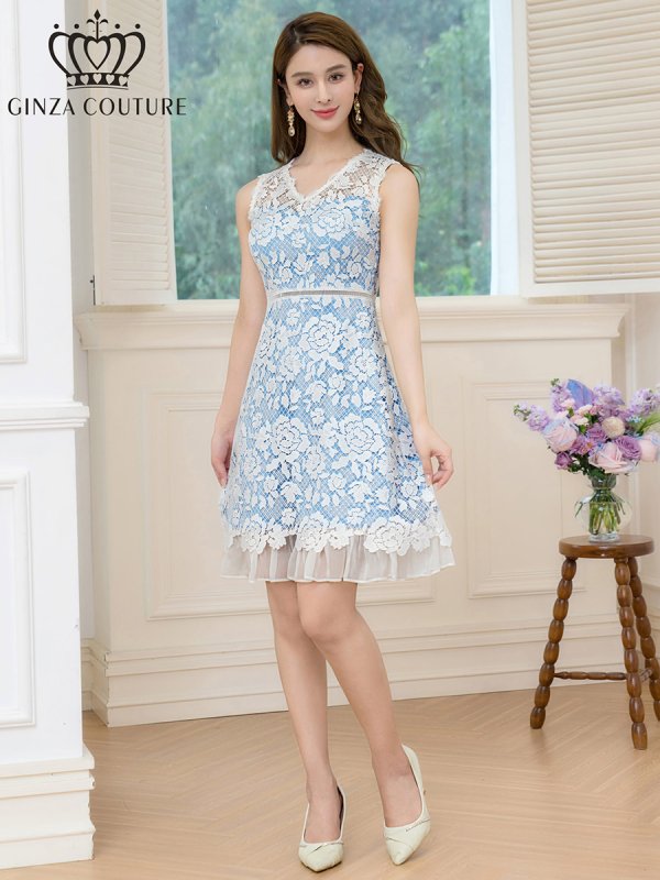 画像1: [送料無料][GINZA COUTURE]ブルー×ホワイト・ピンク×ホワイト・レース・Vネック・ノースリーブ・切替・Aライン・ミニドレス・ワンピース[即日発送][大きいサイズあり] (1)