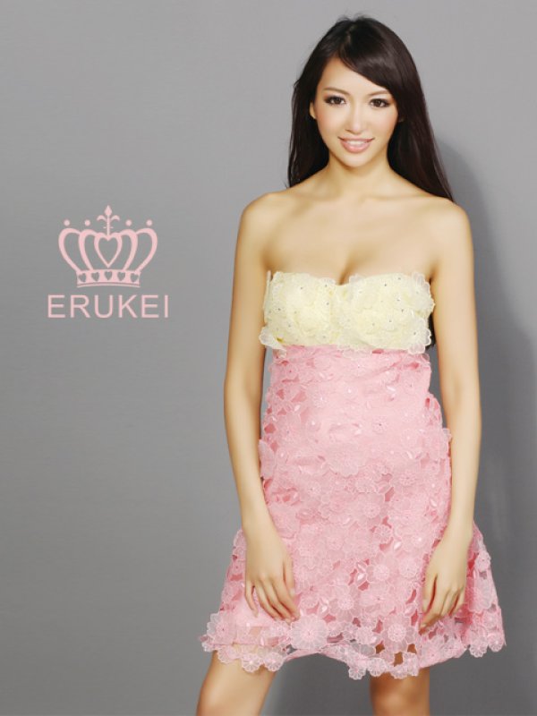 画像2: [送料無料][ERUKEI]グリーン×ブルー・イエロー×ピンク・バイカラー・フラワーレース・Aライン・ミニドレス・ワンピース[即日発送][大きいサイズあり] (2)