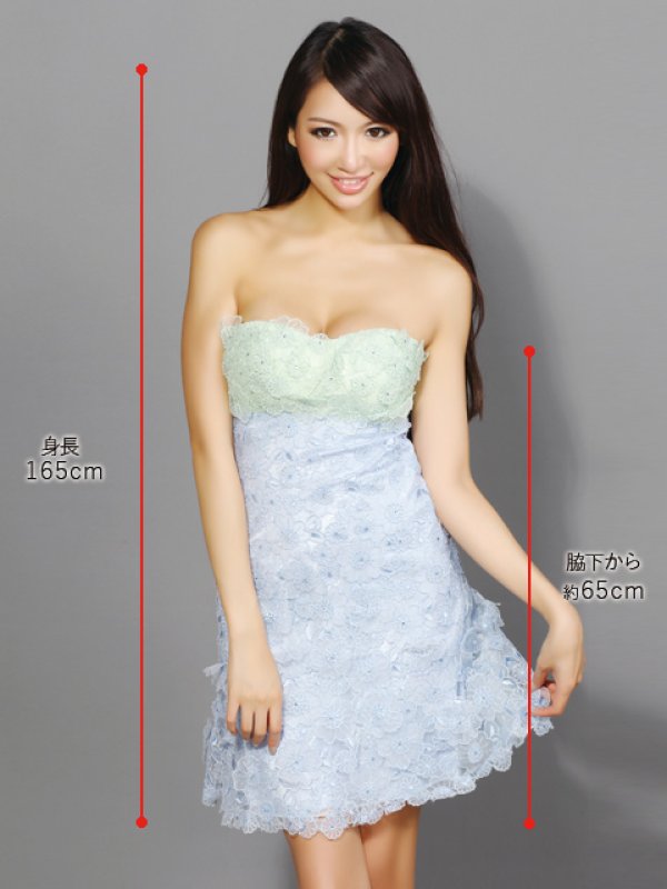 画像5: [送料無料][ERUKEI]グリーン×ブルー・イエロー×ピンク・バイカラー・フラワーレース・Aライン・ミニドレス・ワンピース[即日発送][大きいサイズあり] (5)