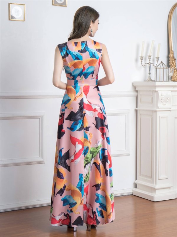 画像3: [送料無料][GINZA COUTURE]ピンク・ホワイト・ネイビー・スカーフプリント・ペインティング・ノースリーブ・Aライン・ロングドレス [即日発送][大きいサイズあり] (3)