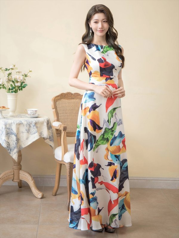 画像8: [送料無料][GINZA COUTURE]ピンク・ホワイト・ネイビー・スカーフプリント・ペインティング・ノースリーブ・Aライン・ロングドレス [即日発送][大きいサイズあり] (8)