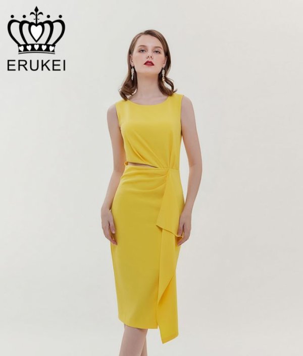 画像2: [送料無料][ERUKEI]グリーン・イエロー・ピンク・シンプル・タイト・ウエストカット・ミディアムドレス・ワンピース[即日発送][大きいサイズあり] (2)