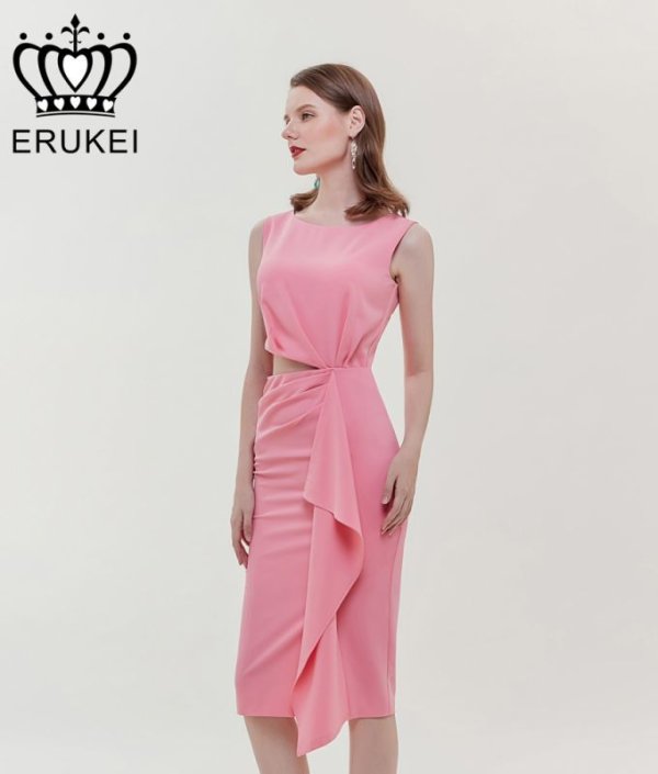 画像3: [送料無料][ERUKEI]グリーン・イエロー・ピンク・シンプル・タイト・ウエストカット・ミディアムドレス・ワンピース[即日発送][大きいサイズあり] (3)