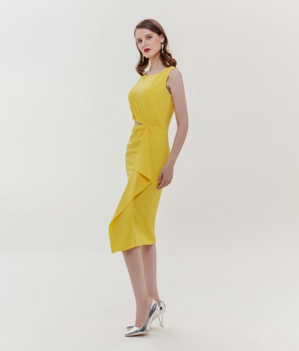 画像5: [送料無料][ERUKEI]グリーン・イエロー・ピンク・シンプル・タイト・ウエストカット・ミディアムドレス・ワンピース[即日発送][大きいサイズあり] (5)