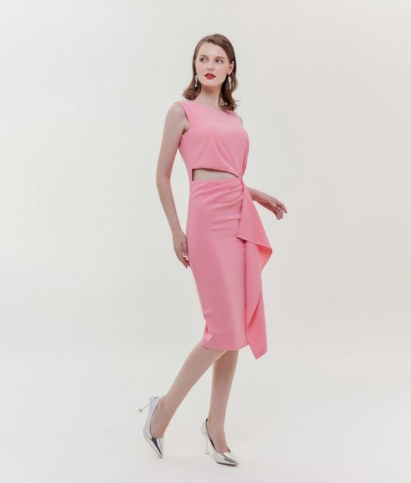 画像6: [送料無料][ERUKEI]グリーン・イエロー・ピンク・シンプル・タイト・ウエストカット・ミディアムドレス・ワンピース[即日発送][大きいサイズあり] (6)