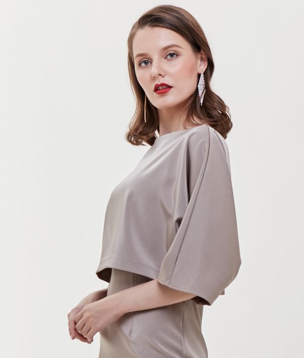 画像15: [送料無料][ERUKEI]ピンク・ブルー・ブラウン・シンプル・無地・レイヤード・ドルマンスリーブ・七分袖・タイト・ミニドレス・ワンピース[即日発送][大きいサイズあり] (15)