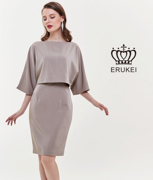 画像3: [送料無料][ERUKEI]ピンク・ブルー・ブラウン・シンプル・無地・レイヤード・ドルマンスリーブ・七分袖・タイト・ミニドレス・ワンピース[即日発送][大きいサイズあり] (3)