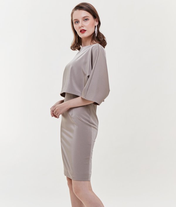 画像6: [送料無料][ERUKEI]ピンク・ブルー・ブラウン・シンプル・無地・レイヤード・ドルマンスリーブ・七分袖・タイト・ミニドレス・ワンピース[即日発送][大きいサイズあり] (6)