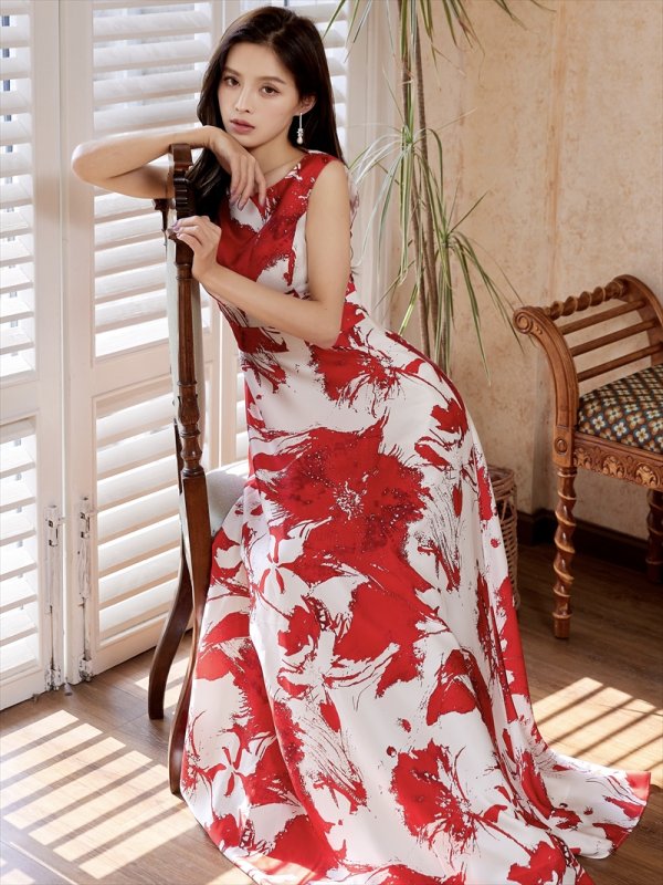 画像4: [送料無料][GINZA COUTURE]レッド×ホワイト・イエロー×ブラック・花柄・Aライン・美ライン・ロングドレス[即日発送][大きいサイズあり] (4)