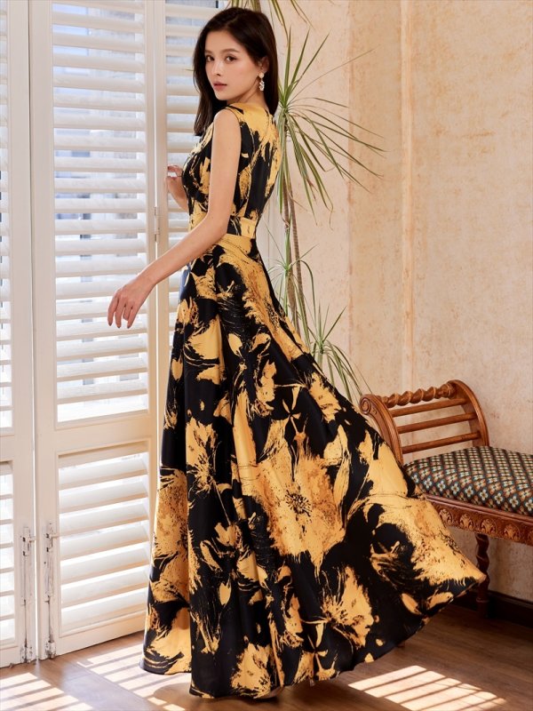 画像6: [送料無料][GINZA COUTURE]レッド×ホワイト・イエロー×ブラック・花柄・Aライン・美ライン・ロングドレス[即日発送][大きいサイズあり] (6)