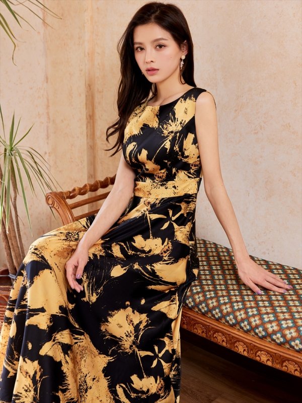 画像8: [送料無料][GINZA COUTURE]レッド×ホワイト・イエロー×ブラック・花柄・Aライン・美ライン・ロングドレス[即日発送][大きいサイズあり] (8)