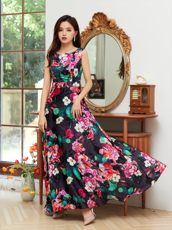 画像6: [送料無料][GINZACOUTURE]ブラック・ホワイト・サテン・花柄・プリント・ノースリーブ・Aライン・ハイウエスト・ロングドレス[即日発送][大きいサイズあり] (6)