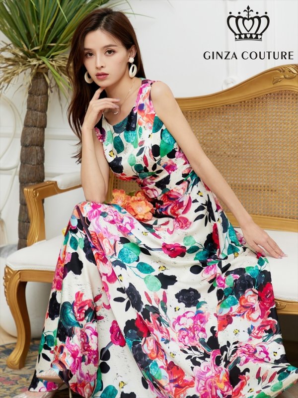 画像1: [送料無料][GINZA COUTURE]ホワイト・ブラック・サテン・花柄 ・プリント・ノースリーブ・Aライン・ハイウエスト・ロングドレス[即日発送][大きいサイズあり] (1)