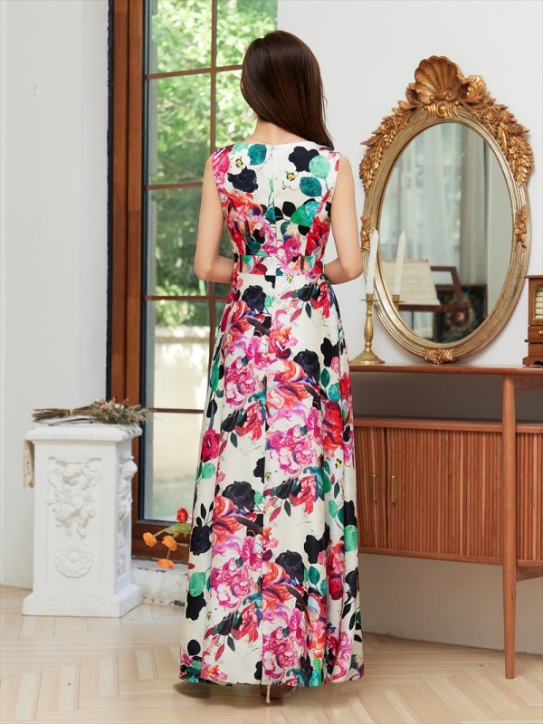 画像10: [送料無料][GINZACOUTURE]ブラック・ホワイト・サテン・花柄・プリント・ノースリーブ・Aライン・ハイウエスト・ロングドレス[即日発送][大きいサイズあり] (10)