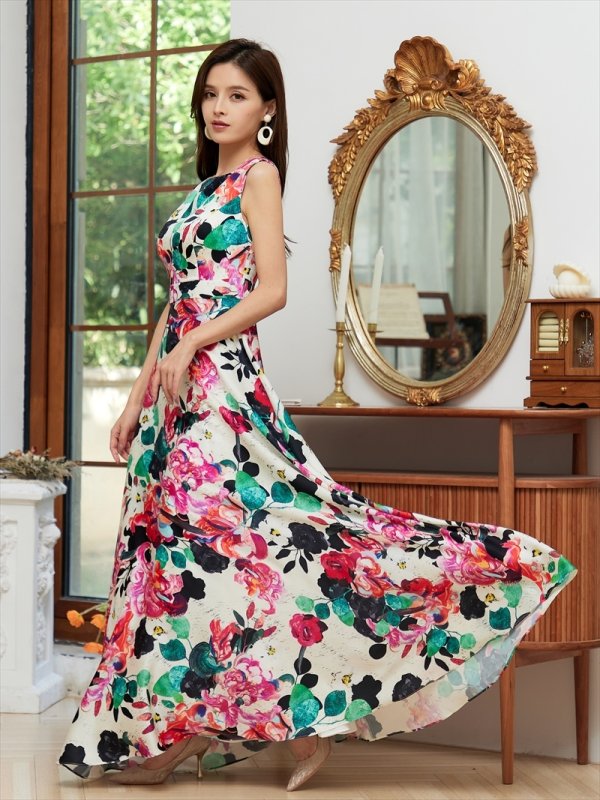 画像11: [送料無料][GINZACOUTURE]ブラック・ホワイト・サテン・花柄・プリント・ノースリーブ・Aライン・ハイウエスト・ロングドレス[即日発送][大きいサイズあり] (11)