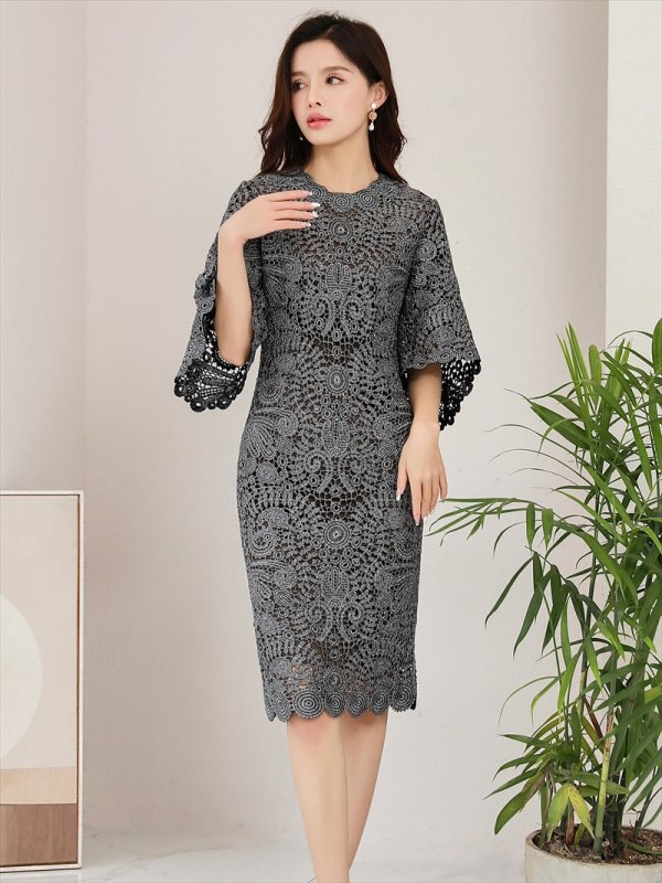 画像3: [送料無料][SETTAN]ブラック・グリーン・ピンク・金糸レース・フレアスリーブ・タイト・ミディアムドレス・ワンピース[即日発送][大きいサイズあり] (3)