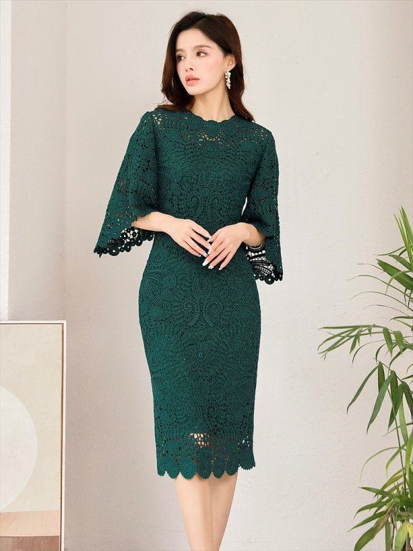 画像9: [送料無料][SETTAN]ブラック・グリーン・ピンク・金糸レース・フレアスリーブ・タイト・ミディアムドレス・ワンピース[即日発送][大きいサイズあり] (9)