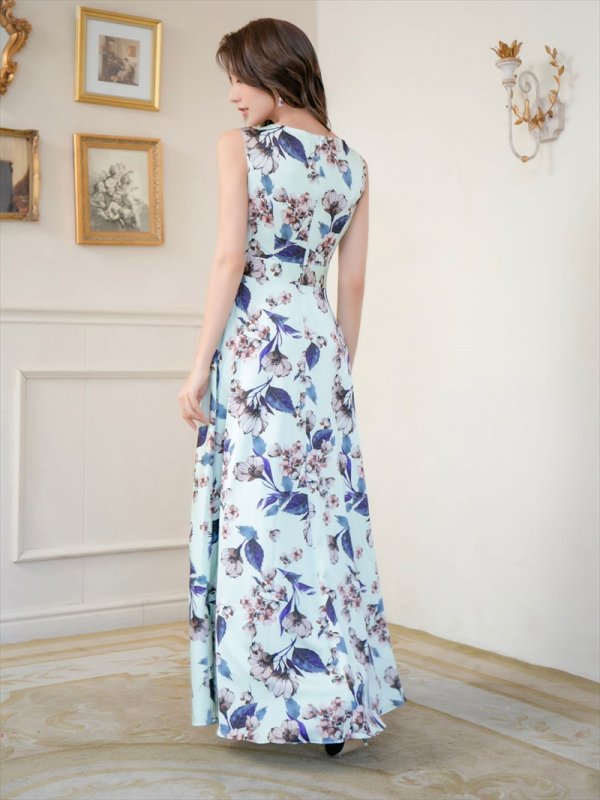 画像9: [送料無料][GINZA COUTURE]ピンク・グリーン・花柄・プリント・ノースリーブ・Aライン・ハイウエスト・ロングドレス [即日発送][大きいサイズあり] (9)
