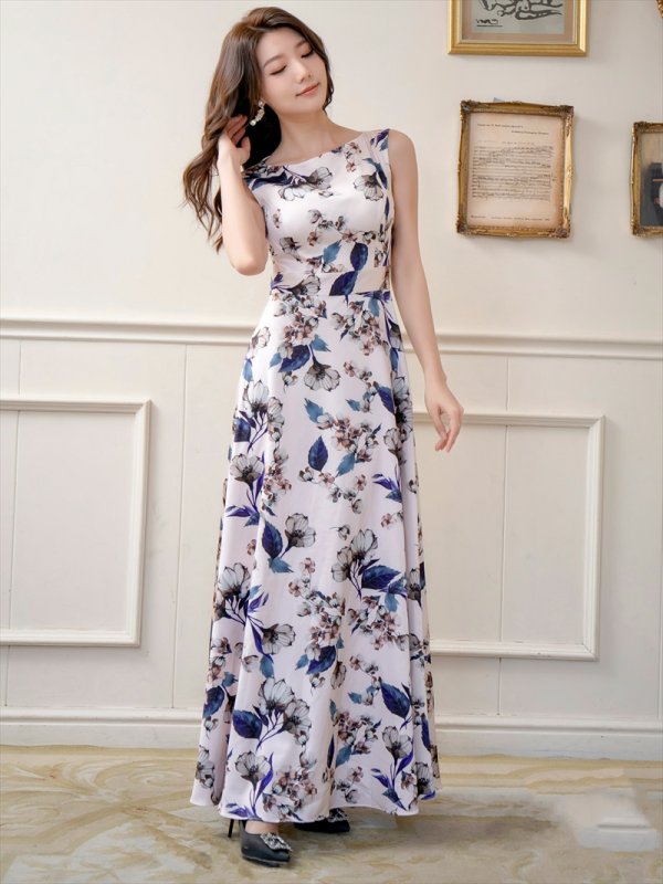 画像6: [送料無料][GINZA COUTURE]ピンク・グリーン・花柄・プリント・ノースリーブ・Aライン・ハイウエスト・ロングドレス [即日発送][大きいサイズあり] (6)