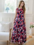 画像6: [送料無料][GINZA COUTURE]レッド×ネイビー・ペイントプリント・トリコロール・ノースリーブ・Aライン・ロングドレス[即日発送][大きいサイズあり] (6)