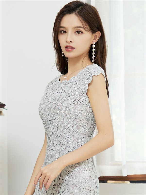 画像5: [送料無料][ERUKEI]シルバー・ベージュ・ピンク・ブラック・レッド・金糸・ 総レース ・フレンチスリーブ ・タイト・エレガント・ミディアムドレス ・ワンピース[即日発送][大きいサイズあり] (5)