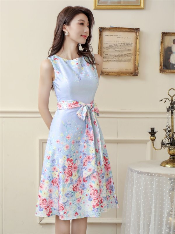 画像2: [送料無料][GINZA COUTURE]ライトブルー・花柄・プリント・リボン・Aライン・フレア・膝丈・ミニドレス・ワンピース[即日発送][大きいサイズあり] (2)