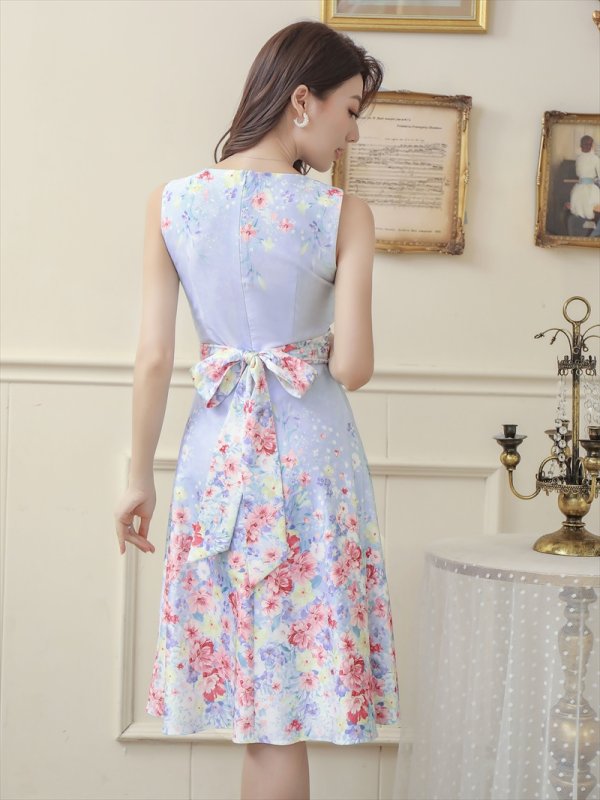 画像3: [送料無料][GINZA COUTURE]ライトブルー・花柄・プリント・リボン・Aライン・フレア・膝丈・ミニドレス・ワンピース[即日発送][大きいサイズあり] (3)