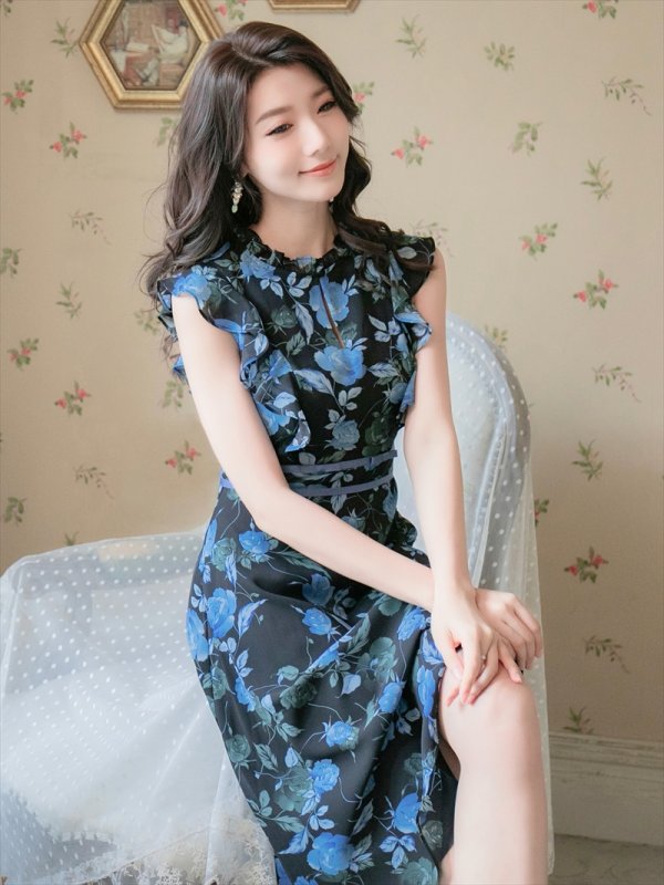 画像2: [送料無料][GINZA COUTURE]ブルー・イエロー・レッド・花柄・フリルリーブ・ハイウエスト・Aライン・ミディアムドレス・ワンピース[即日発送][大きいサイズあり] (2)