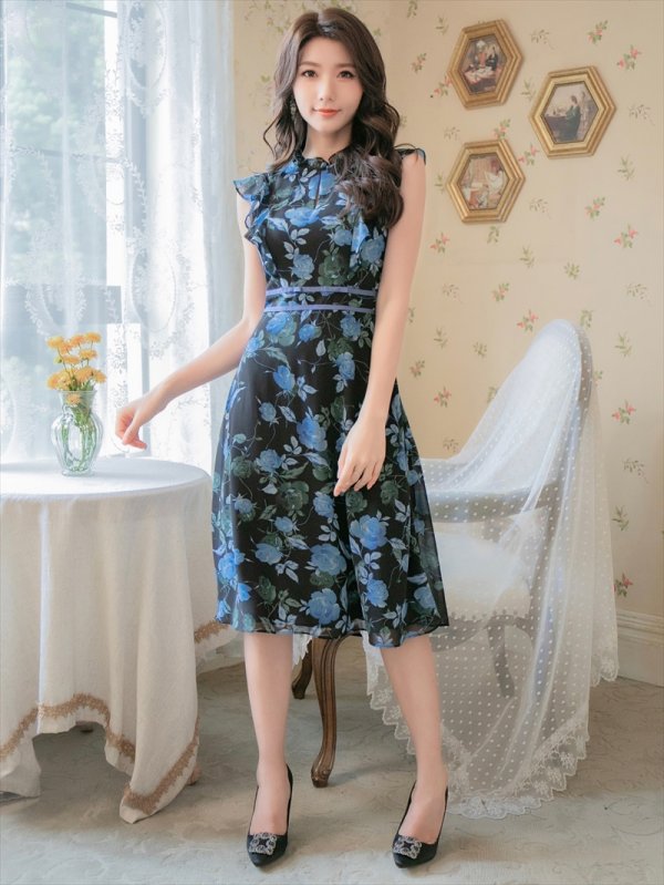 画像6: [送料無料][GINZA COUTURE]ブルー・イエロー・レッド・花柄・フリルリーブ・ハイウエスト・Aライン・ミディアムドレス・ワンピース[即日発送][大きいサイズあり] (6)