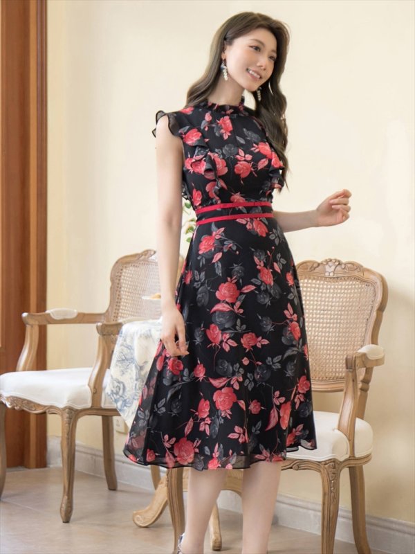 画像14: [送料無料][GINZA COUTURE]ブルー・イエロー・レッド・花柄・フリルリーブ・ハイウエスト・Aライン・ミディアムドレス・ワンピース[即日発送][大きいサイズあり] (14)