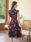 画像3: [送料無料][GINZA COUTURE]レッド・ブルー・イエロー・花柄・フリルリーブ・ハイウエスト・Aライン・ミディアムドレス・ワンピース[即日発送][大きいサイズあり] (3)