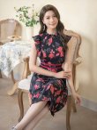 画像6: [送料無料][GINZA COUTURE]レッド・ブルー・イエロー・花柄・フリルリーブ・ハイウエスト・Aライン・ミディアムドレス・ワンピース[即日発送][大きいサイズあり] (6)