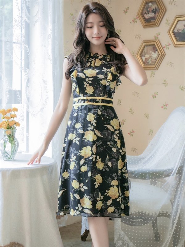 画像10: [送料無料][GINZA COUTURE]ブルー・イエロー・レッド・花柄・フリルリーブ・ハイウエスト・Aライン・ミディアムドレス・ワンピース[即日発送][大きいサイズあり] (10)