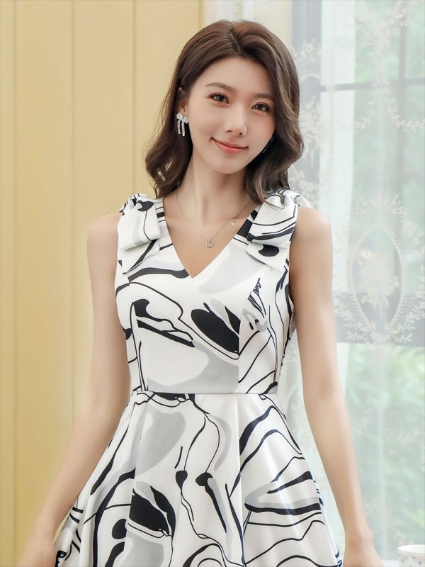 画像10: [送料無料][GINZA COUTURE]ワインレッド・ホワイト・プリント・肩リボン・フィッシュテール・Aライン・ミディアムドレス・ワンピース[即日発送][大きいサイズあり] (10)