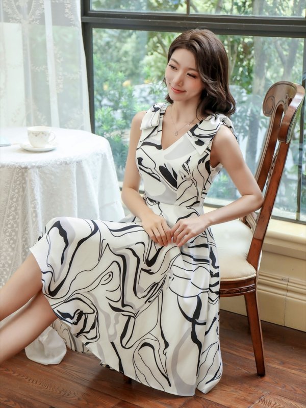 画像11: [送料無料][GINZA COUTURE]ワインレッド・ホワイト・プリント・肩リボン・フィッシュテール・Aライン・ミディアムドレス・ワンピース[即日発送][大きいサイズあり] (11)