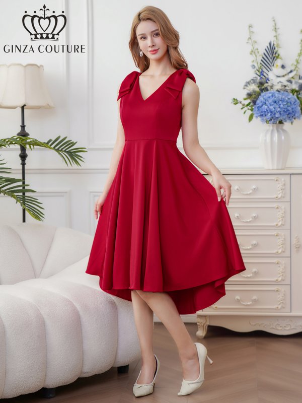 画像2: [送料無料][GINZA COUTURE]ワインレッド・ホワイト・プリント・肩リボン・フィッシュテール・Aライン・ミディアムドレス・ワンピース[即日発送][大きいサイズあり] (2)