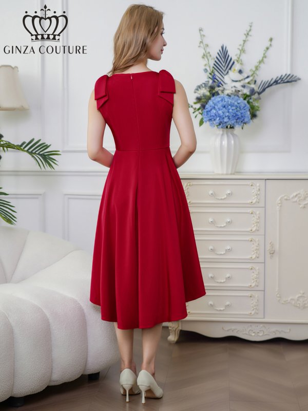 画像3: [送料無料][GINZA COUTURE]ワインレッド・ホワイト・プリント・肩リボン・フィッシュテール・Aライン・ミディアムドレス・ワンピース[即日発送][大きいサイズあり] (3)