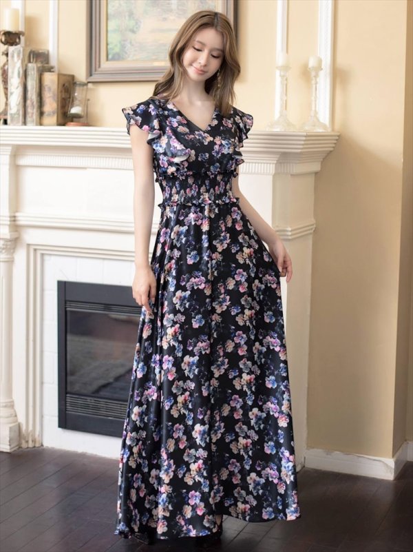 画像14: [送料無料][GINZA COUTURE]イエロー×ブルー・ピンク×グレー・ブラック×パープル・花柄・プリント・フリルスリーブ・Vネック・ノースリーブ・Aライン・ハイウエスト・ロングドレス[即日発送][大きいサイズあり] (14)