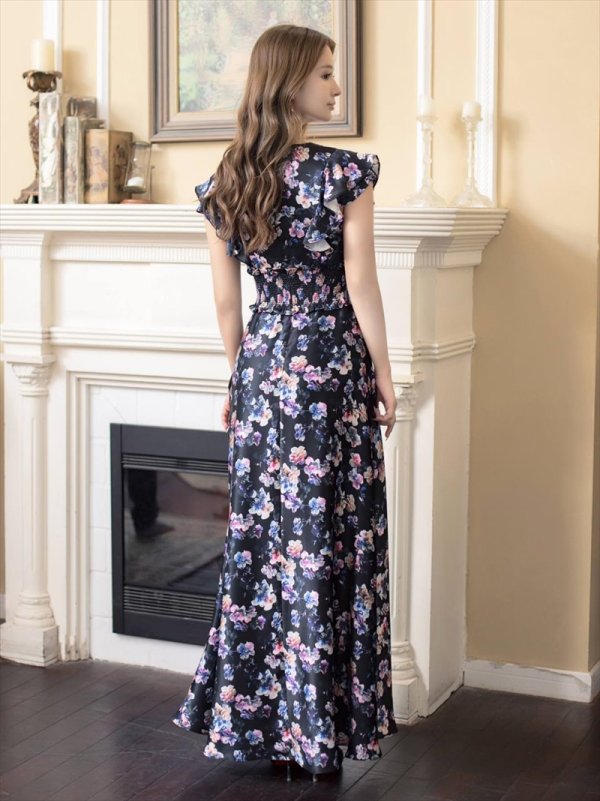 画像15: [送料無料][GINZA COUTURE]イエロー×ブルー・ピンク×グレー・ブラック×パープル・花柄・プリント・フリルスリーブ・Vネック・ノースリーブ・Aライン・ハイウエスト・ロングドレス[即日発送][大きいサイズあり] (15)