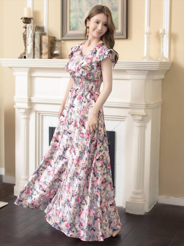 画像8: [送料無料][GINZA COUTURE]イエロー×ブルー・ピンク×グレー・ブラック×パープル・花柄・プリント・フリルスリーブ・Vネック・ノースリーブ・Aライン・ハイウエスト・ロングドレス[即日発送][大きいサイズあり] (8)