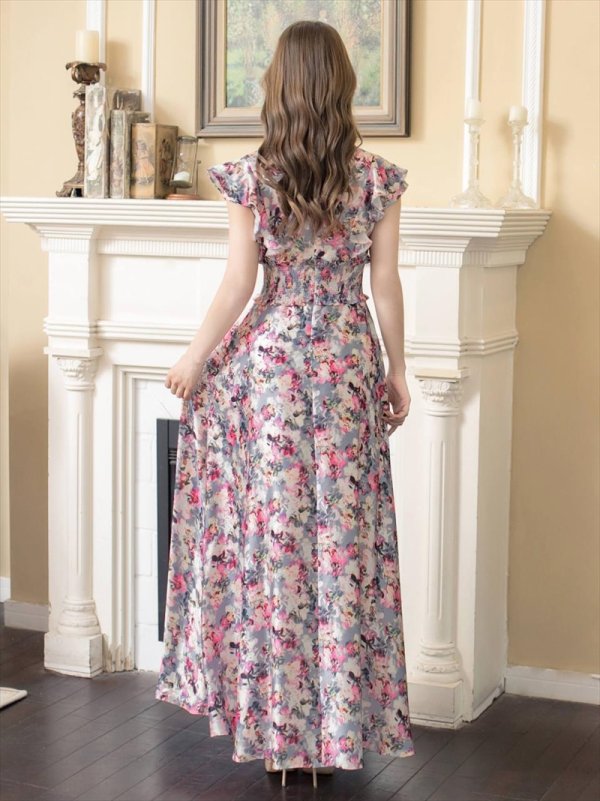 画像9: [送料無料][GINZA COUTURE]イエロー×ブルー・ピンク×グレー・ブラック×パープル・花柄・プリント・フリルスリーブ・Vネック・ノースリーブ・Aライン・ハイウエスト・ロングドレス[即日発送][大きいサイズあり] (9)