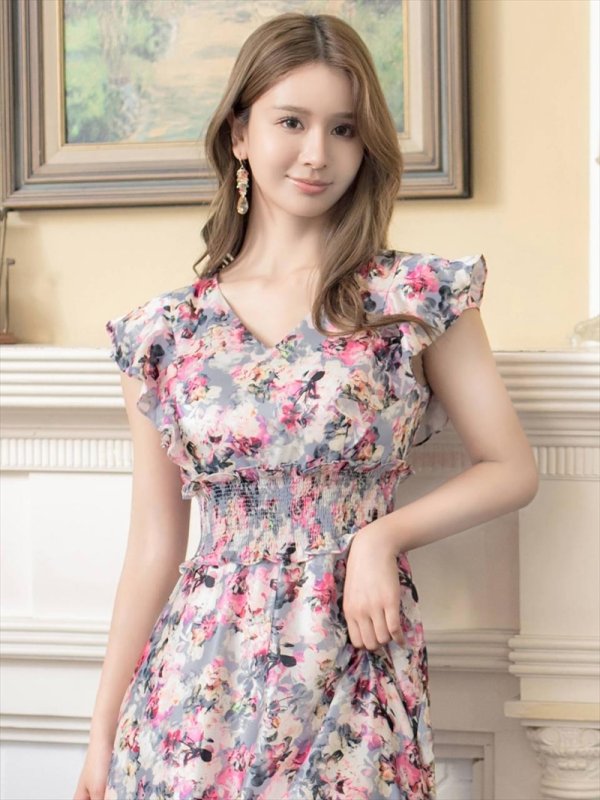 画像10: [送料無料][GINZA COUTURE]イエロー×ブルー・ピンク×グレー・ブラック×パープル・花柄・プリント・フリルスリーブ・Vネック・ノースリーブ・Aライン・ハイウエスト・ロングドレス[即日発送][大きいサイズあり] (10)