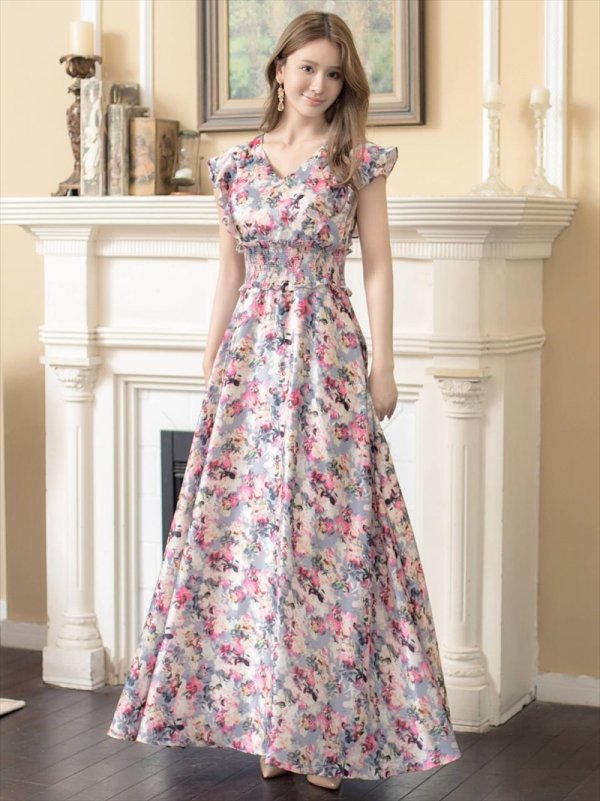 画像11: [送料無料][GINZA COUTURE]イエロー×ブルー・ピンク×グレー・ブラック×パープル・花柄・プリント・フリルスリーブ・Vネック・ノースリーブ・Aライン・ハイウエスト・ロングドレス[即日発送][大きいサイズあり] (11)