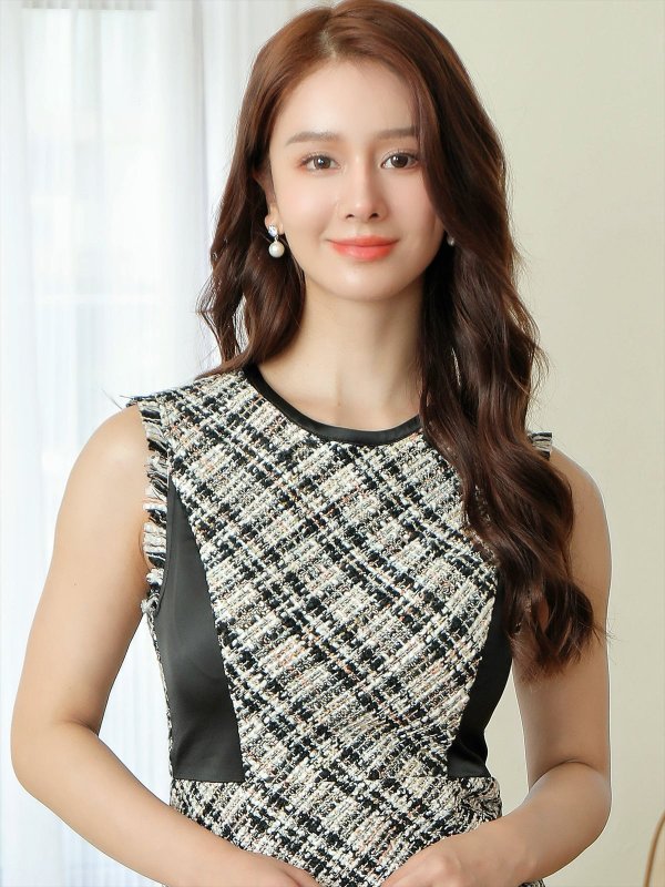 画像10: [送料無料][GINZA COUTURE]グリーン・ブラック・オレンジ・ツイード・サイドブラック・チェック・プリント・タイト・ノースリーブ・ミニドレス・ワンピース[即日発送][大きいサイズあり] (10)