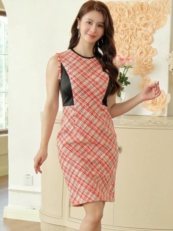 画像14: [送料無料][GINZA COUTURE]グリーン・ブラック・オレンジ・ツイード・サイドブラック・チェック・プリント・タイト・ノースリーブ・ミニドレス・ワンピース[即日発送][大きいサイズあり] (14)